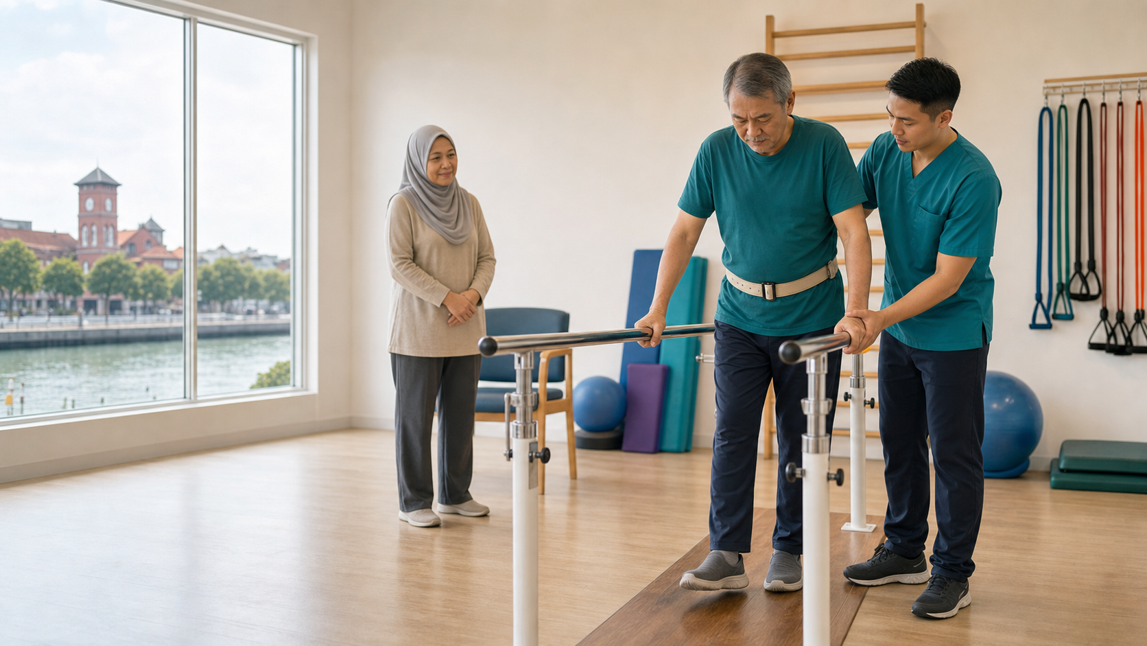 Physiotherapist assisting an older adult with supported standing balance during stroke rehabilitation