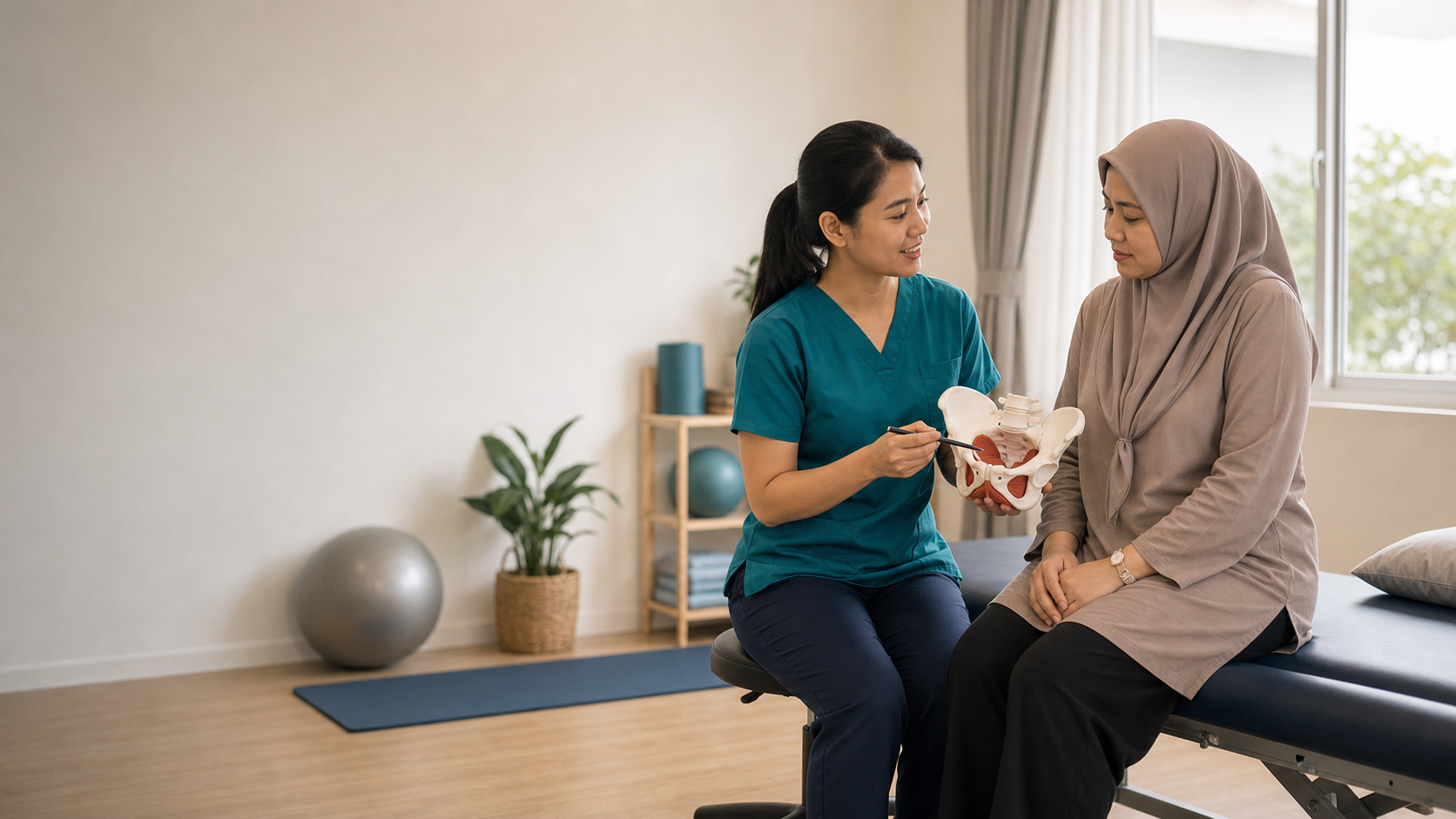 Female physiotherapist explaining safe exercise options during a private women's health consultation