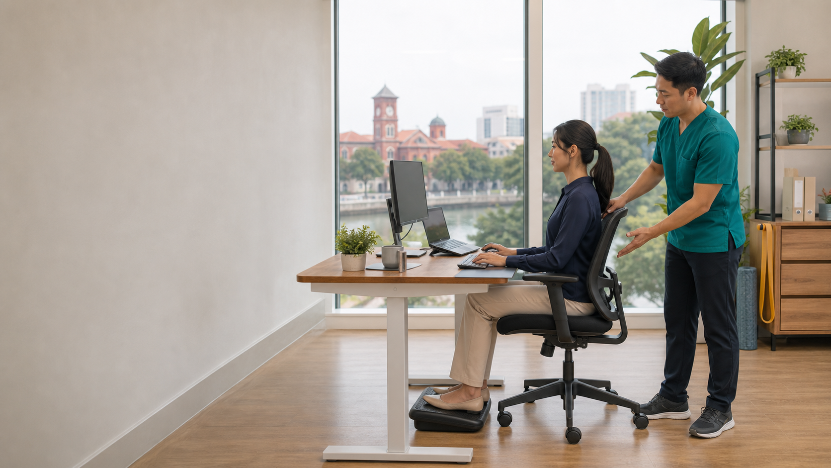 Physiotherapist advising an office worker on desk posture and screen height