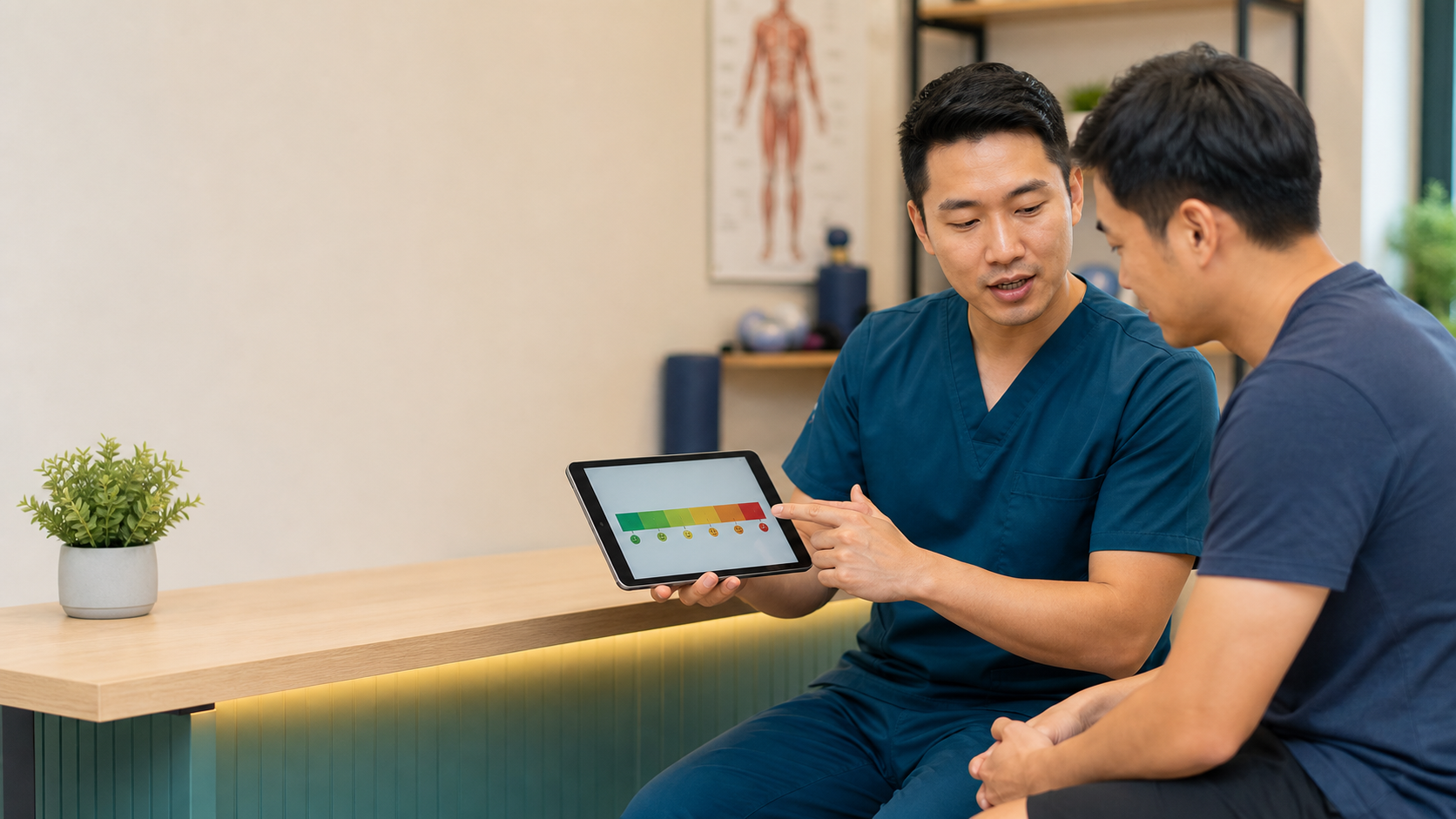 Physiotherapist discussing pain symptoms with a patient using a tablet in a clinic
