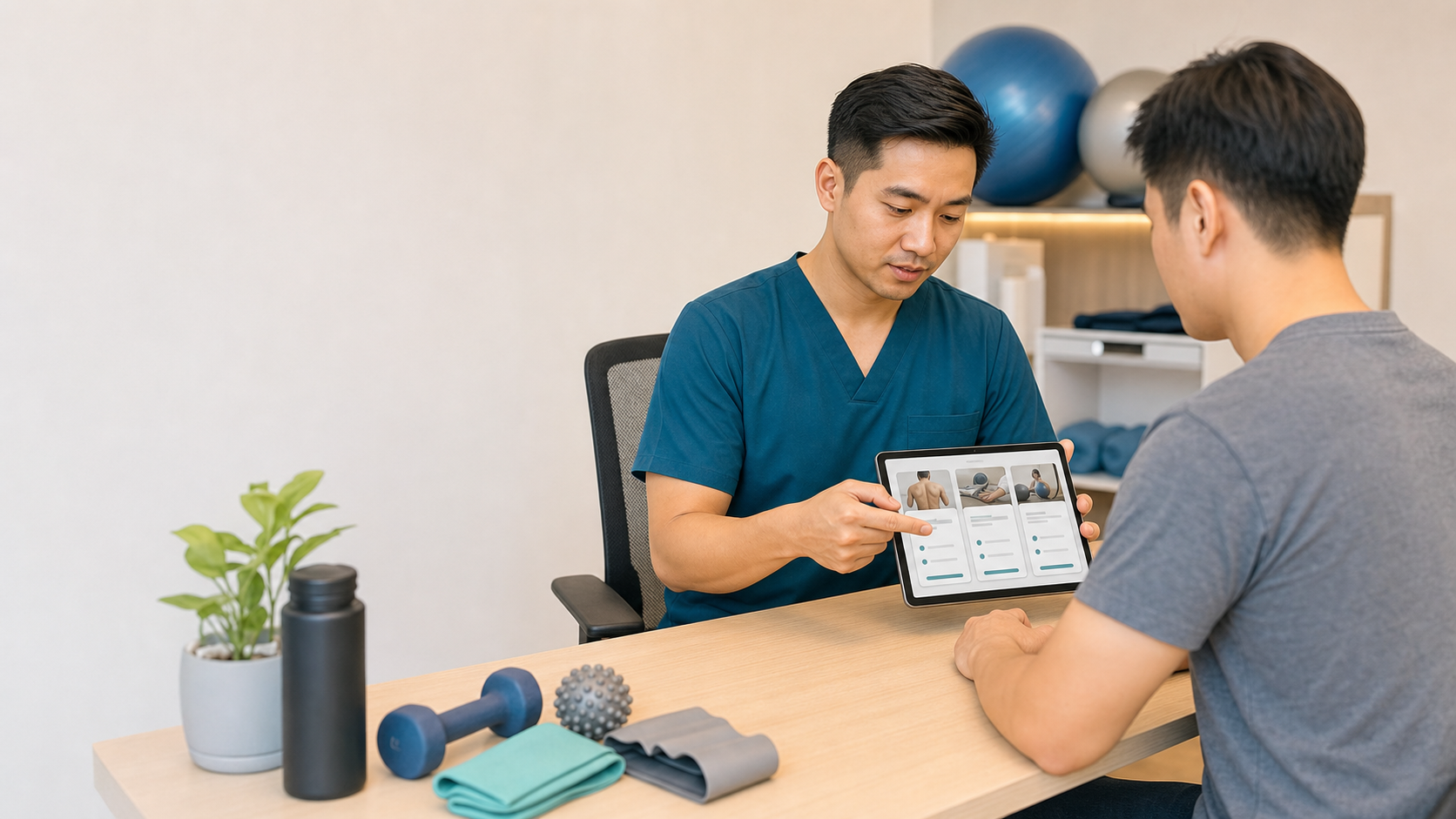 Physiotherapist and patient reviewing treatment planning on a tablet
