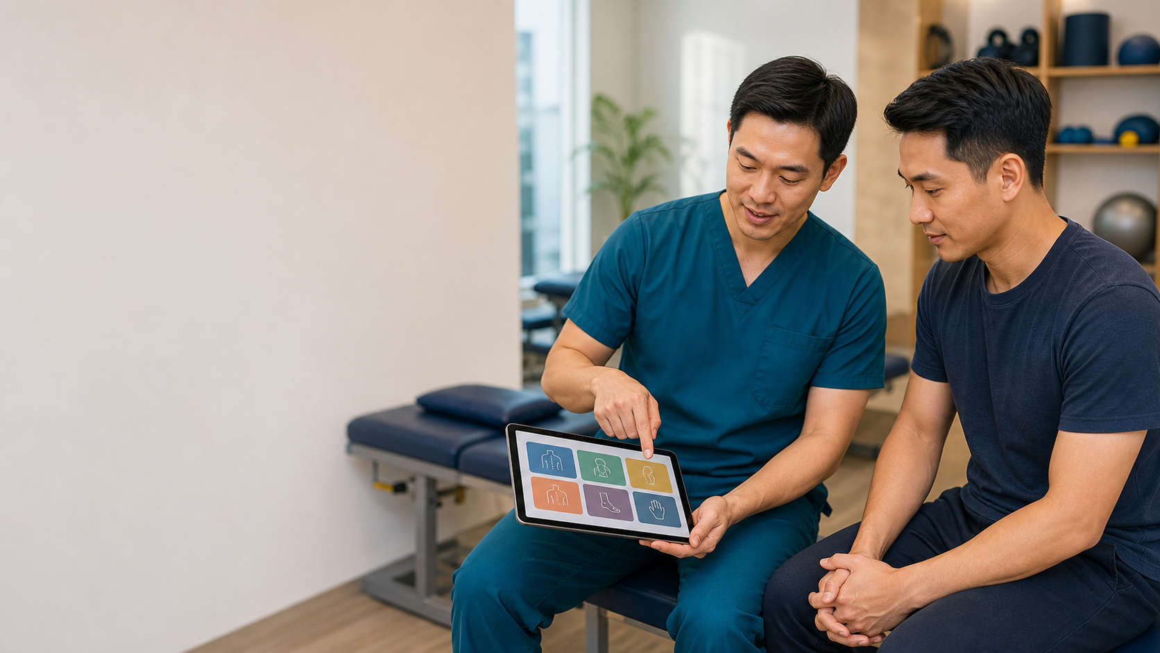 Physiotherapist helping a patient compare physiotherapy service options on a tablet