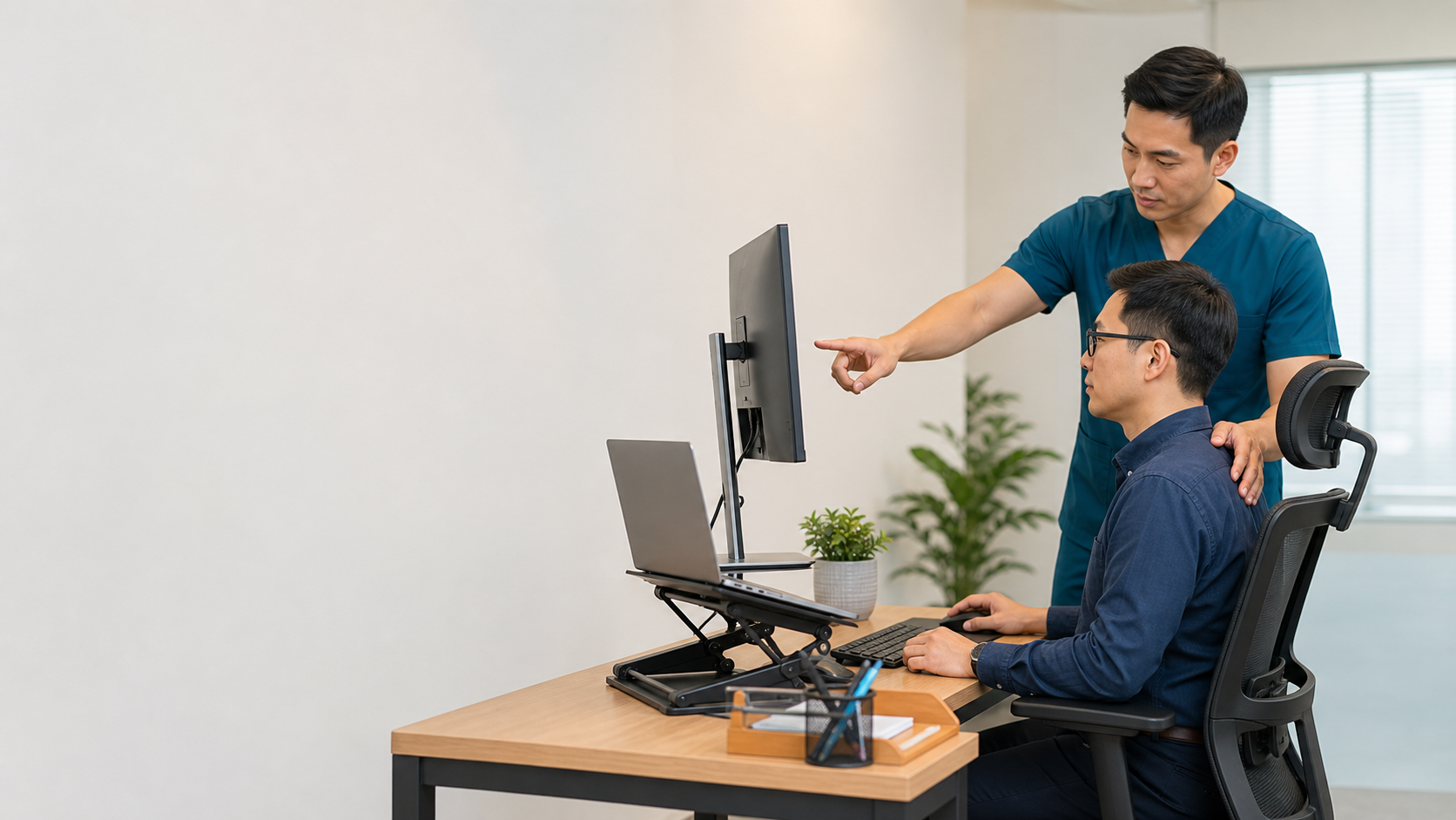 Physiotherapist advising an office worker on desk posture and monitor height