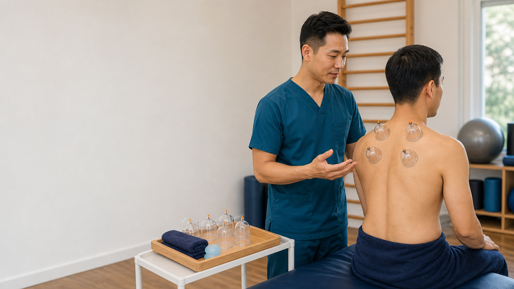 Physiotherapist explaining cupping therapy placement in a treatment room
