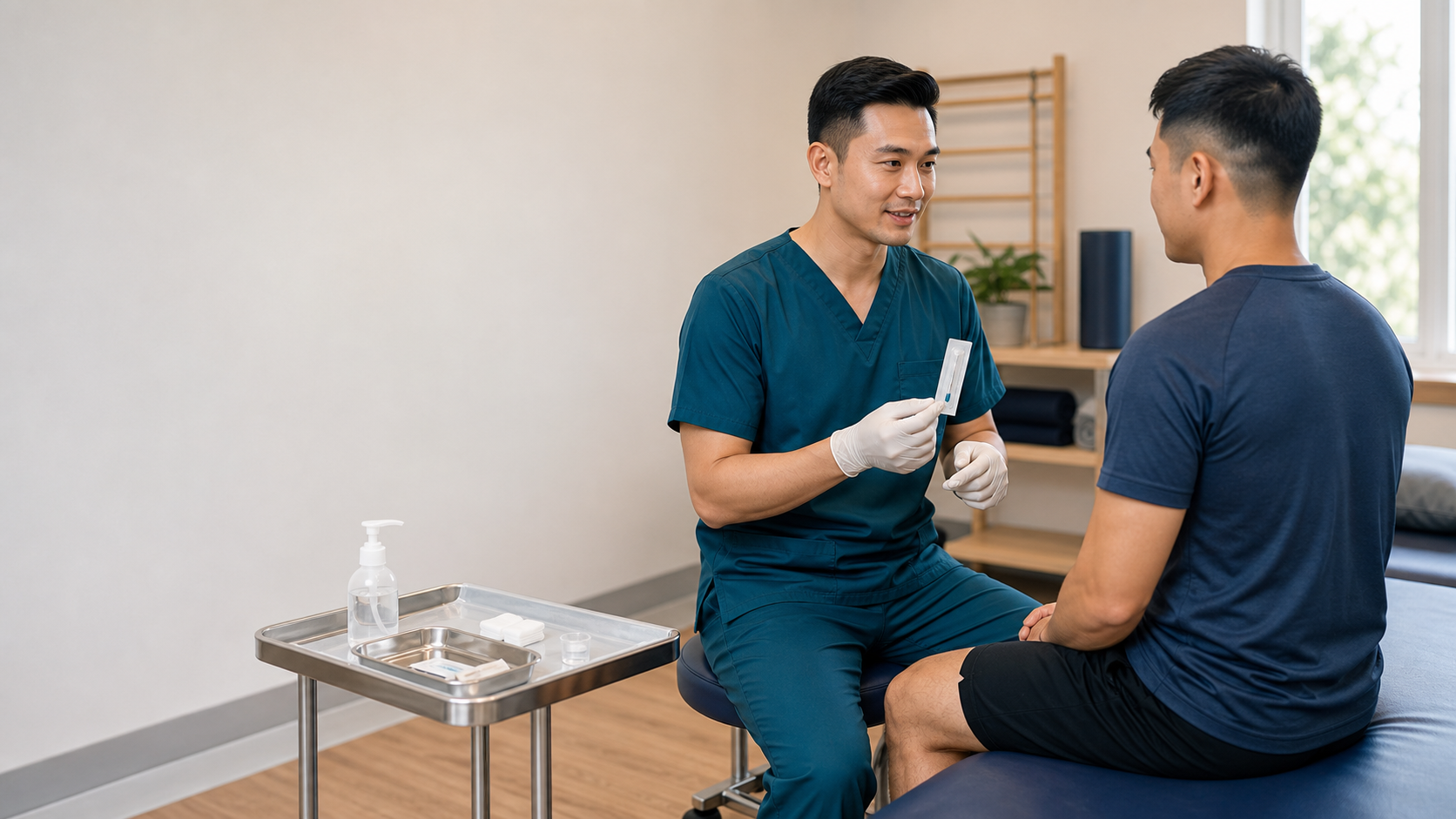 Physiotherapist explaining dry needling before treatment in a clinic