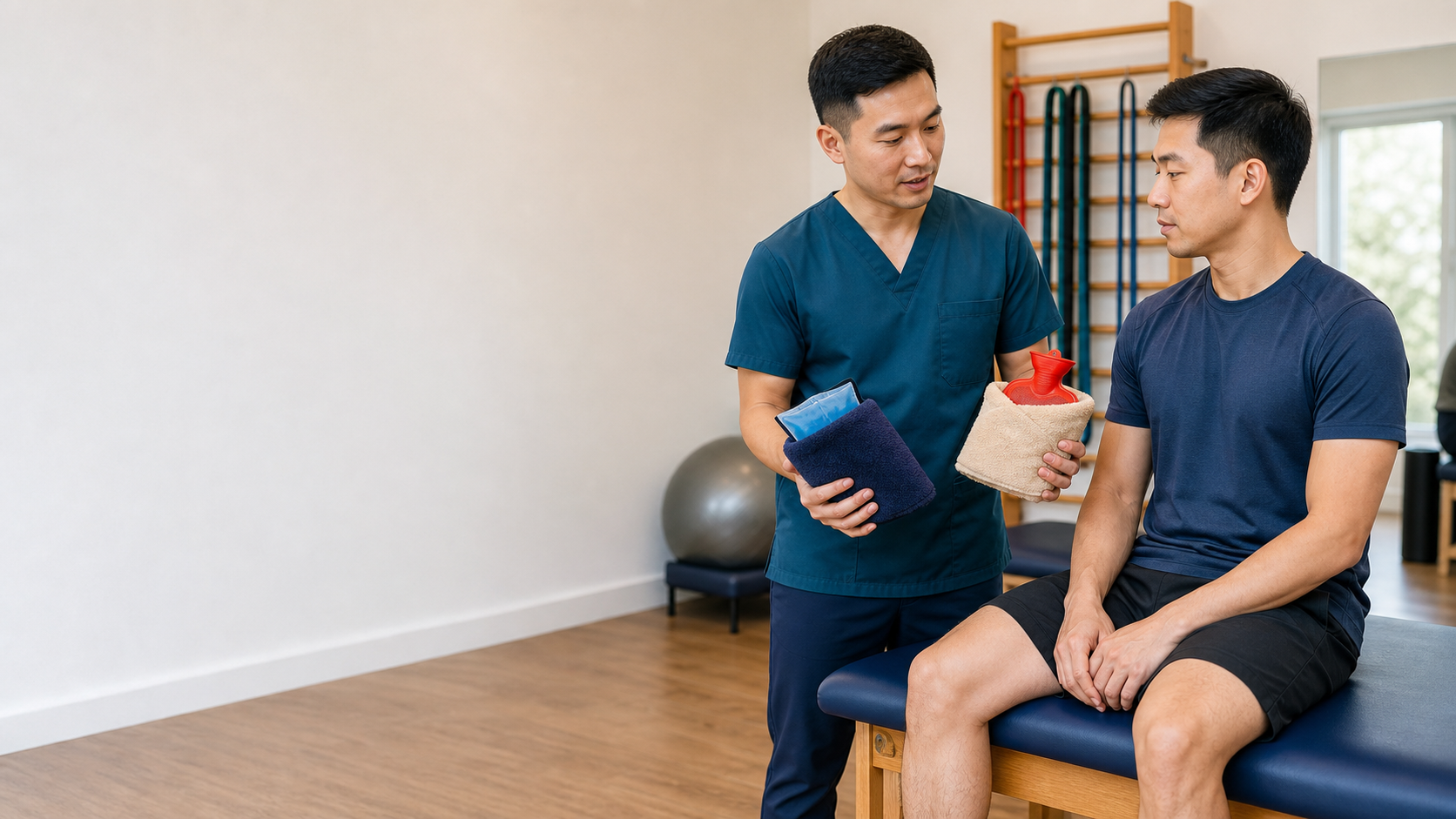 Physiotherapist explaining safe use of heat and cold packs to a patient