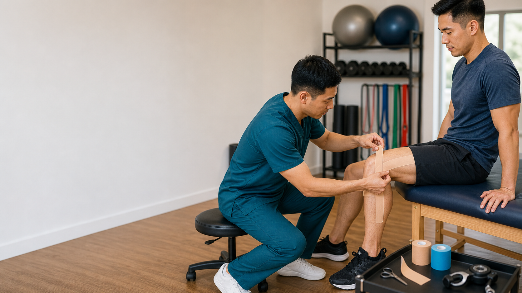 Physiotherapist applying supportive sports tape to a patient's ankle
