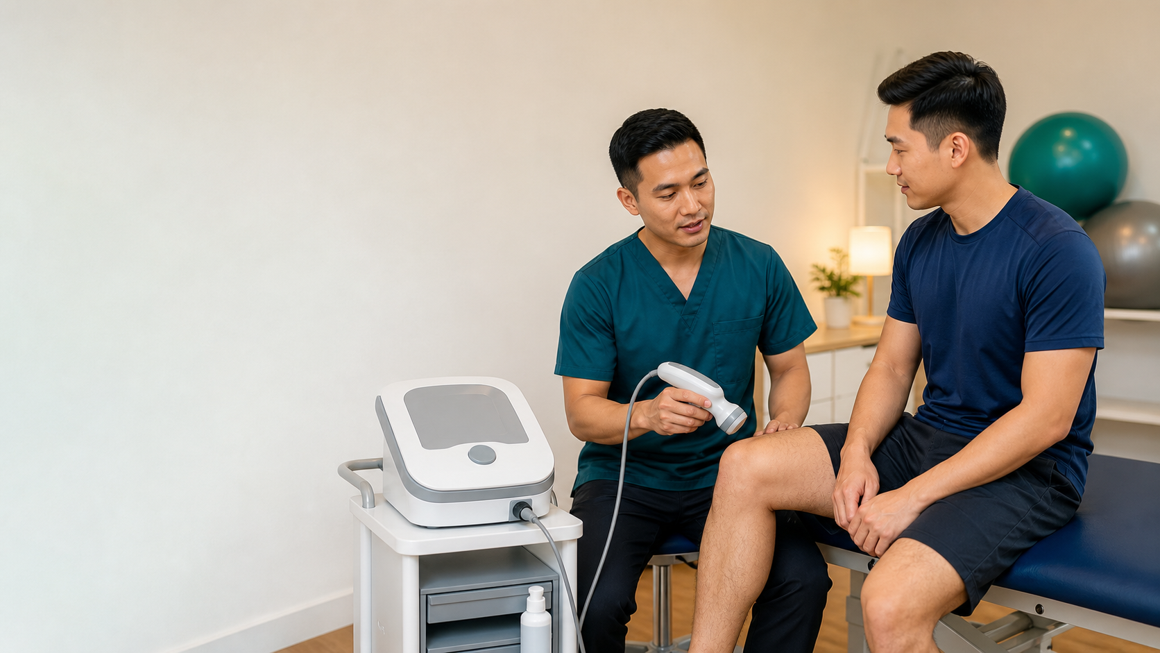 Physiotherapist explaining therapeutic ultrasound to a patient in a Melaka clinic